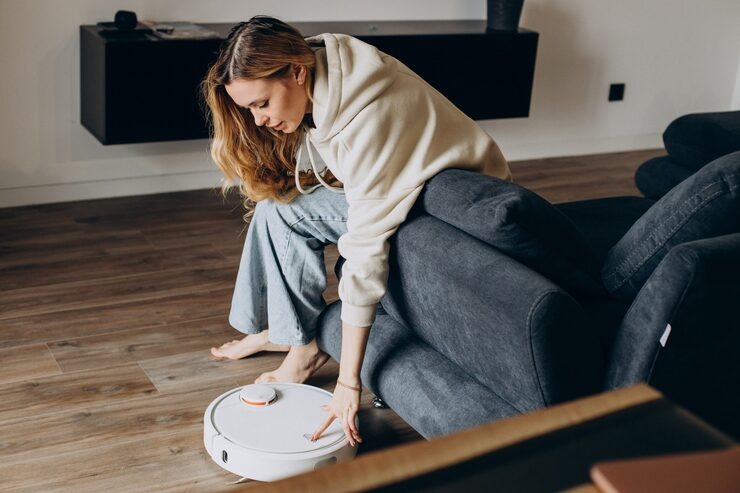 Una persona observa cómo trabaja su robot aspirador