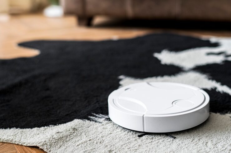 Robot aspirador subido a una alfombra estampada
