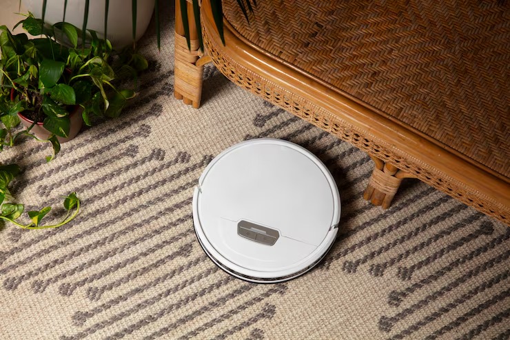 Primer plano de un robot aspirador en un interior doméstico
